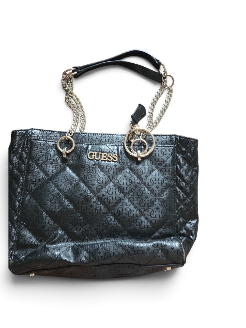 Guess Black Quilted Logo Tote with Silver Chains